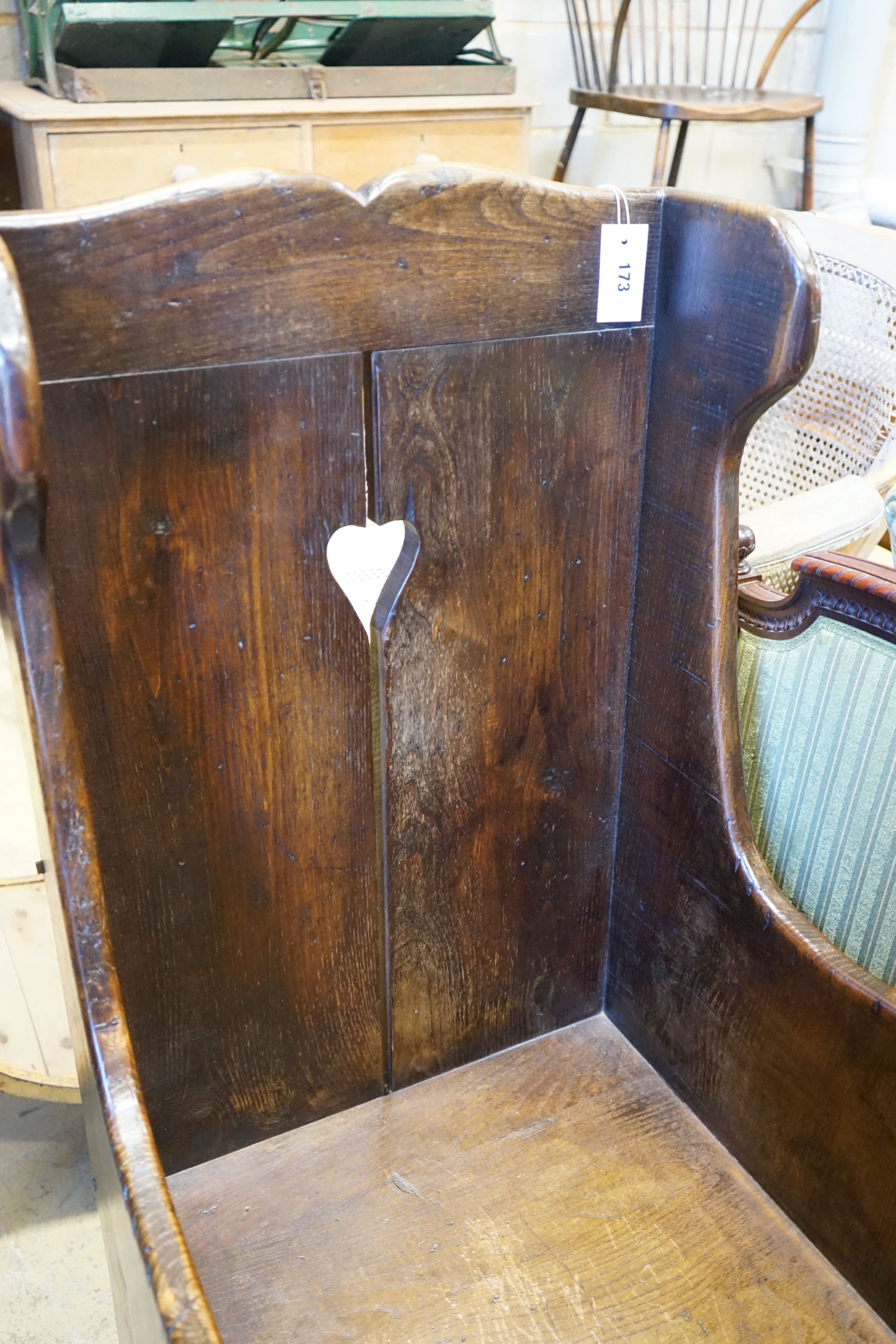 An oak lambing chair, in 18th century style, 116 cm high